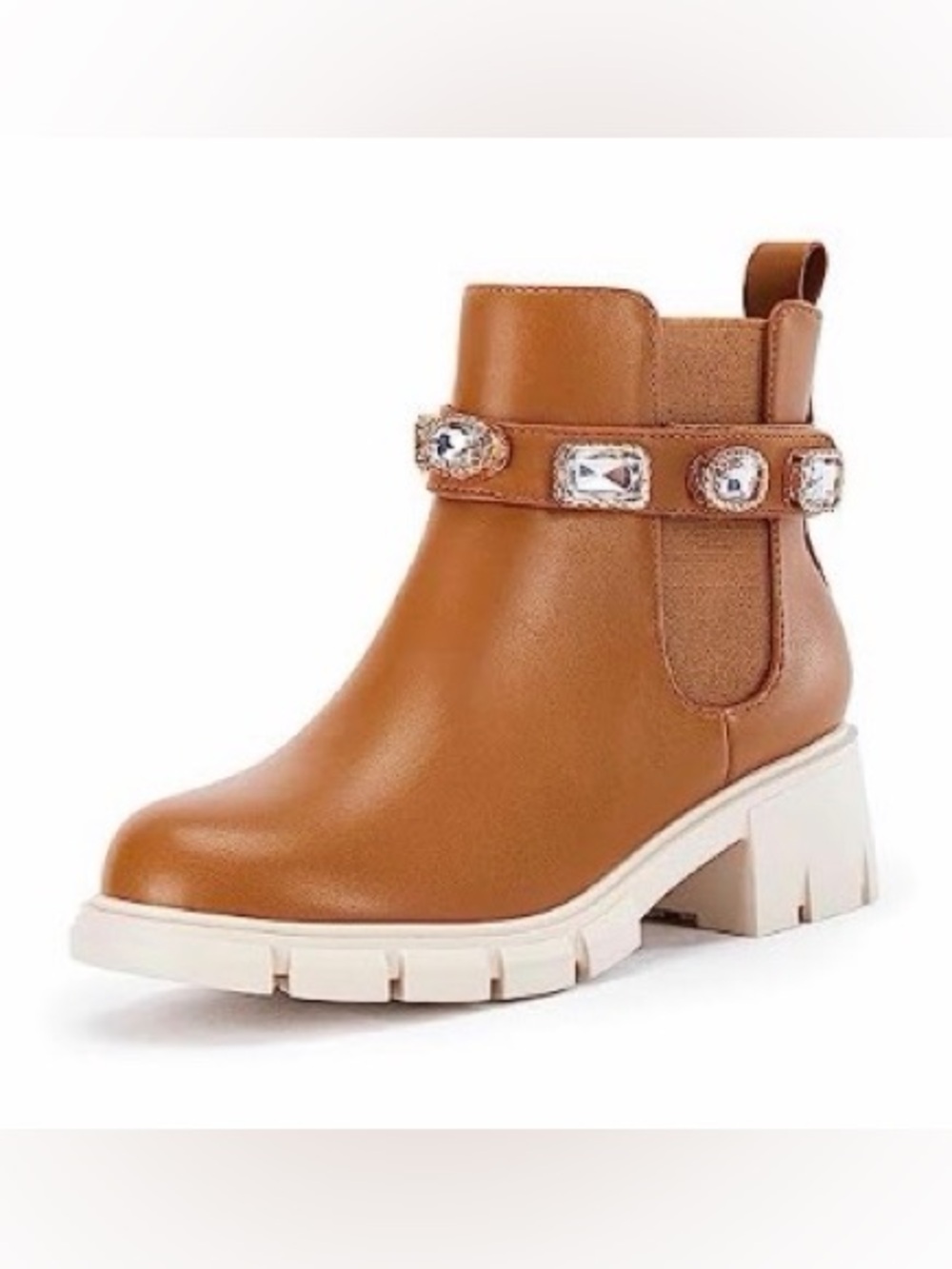 Girl's Lug Sole Ankle Boots Chunky Platform  Chelsea Booties with Jewel Strap